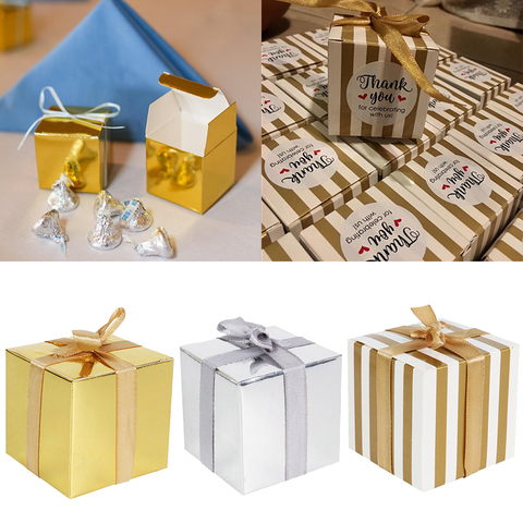 Caja de regalo pequeña para decoración de boda, cajas de caramelos con cintas de rayas doradas, caja de recuerdos de fiestas, suministros de cumpleaños para Baby Shower ► Foto 1/6