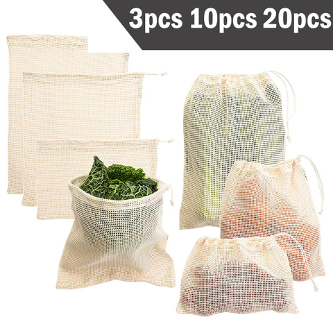 Bolsas reutilizables de algodón para almacenamiento de vegetales, bolsas de algodón de malla, reutilizables, para la compra, 3, 6 y 10 Uds. ► Foto 1/6