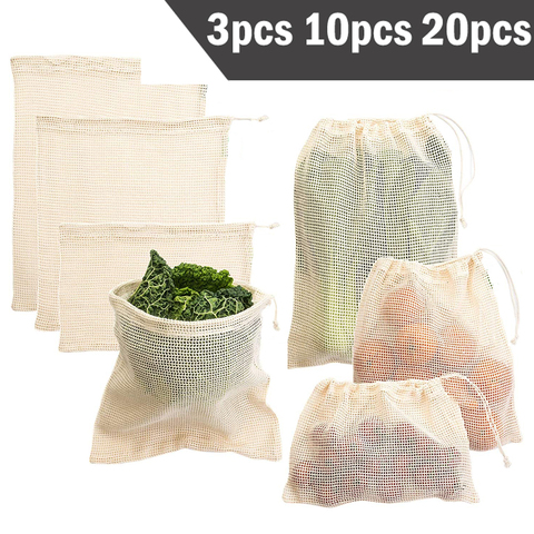 Bolsas reutilizables de algodón para almacenamiento de vegetales, bolsas de algodón de malla, reutilizables, para la compra, 3, 6 y 10 Uds. ► Foto 1/6