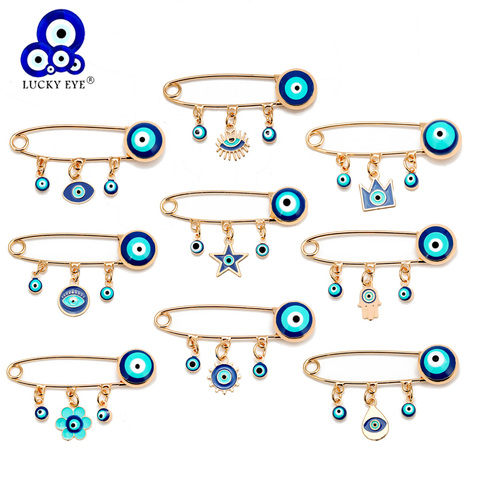 Ojo de la suerte turco azul malvado para hombre y mujer, broche, flor de aceite, corona, estrella, Hamsa, abalorio de mano, joyería, BD52 ► Foto 1/6