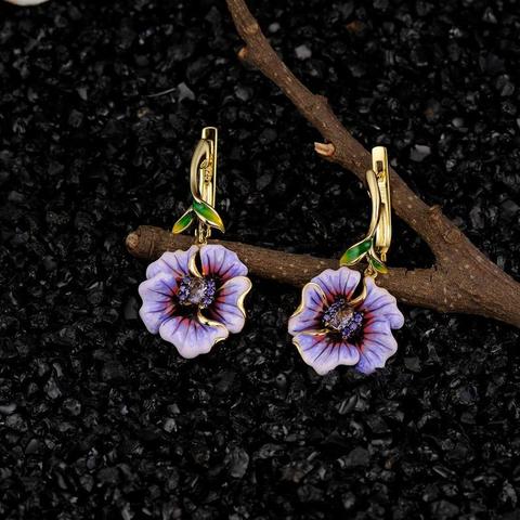 Pendientes de gotas de oro amarillo simétrico con hoja de flor Bohemia para mujer, hermosos pendientes colgantes de esmalte púrpura, joyería de boda ► Foto 1/2