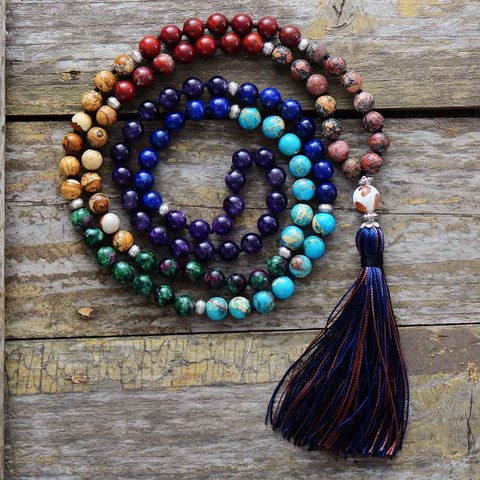 7 Chakra Mala única 8mm piedra Natural larga borla collar mujer meditación collar anudado cuentas Yoga collar joyería ► Foto 1/5