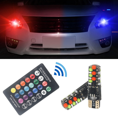 Bombilla LED T10 w5w RGB para coche, luz de señalización de lectura con foco a control remoto/estroboscópico, 12SMD COB canbus 194 168, 2 uds. ► Foto 1/6