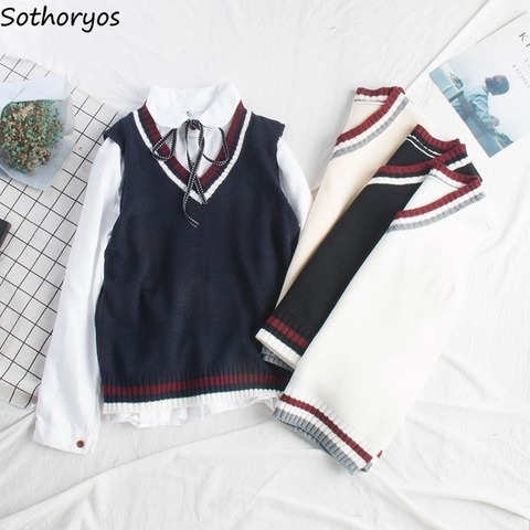 Suéter de estilo Preppy a rayas para mujer, chaleco coreano con cuello en V, sin mangas, elegante, para estudiantes, holgado, a la moda ► Foto 1/6