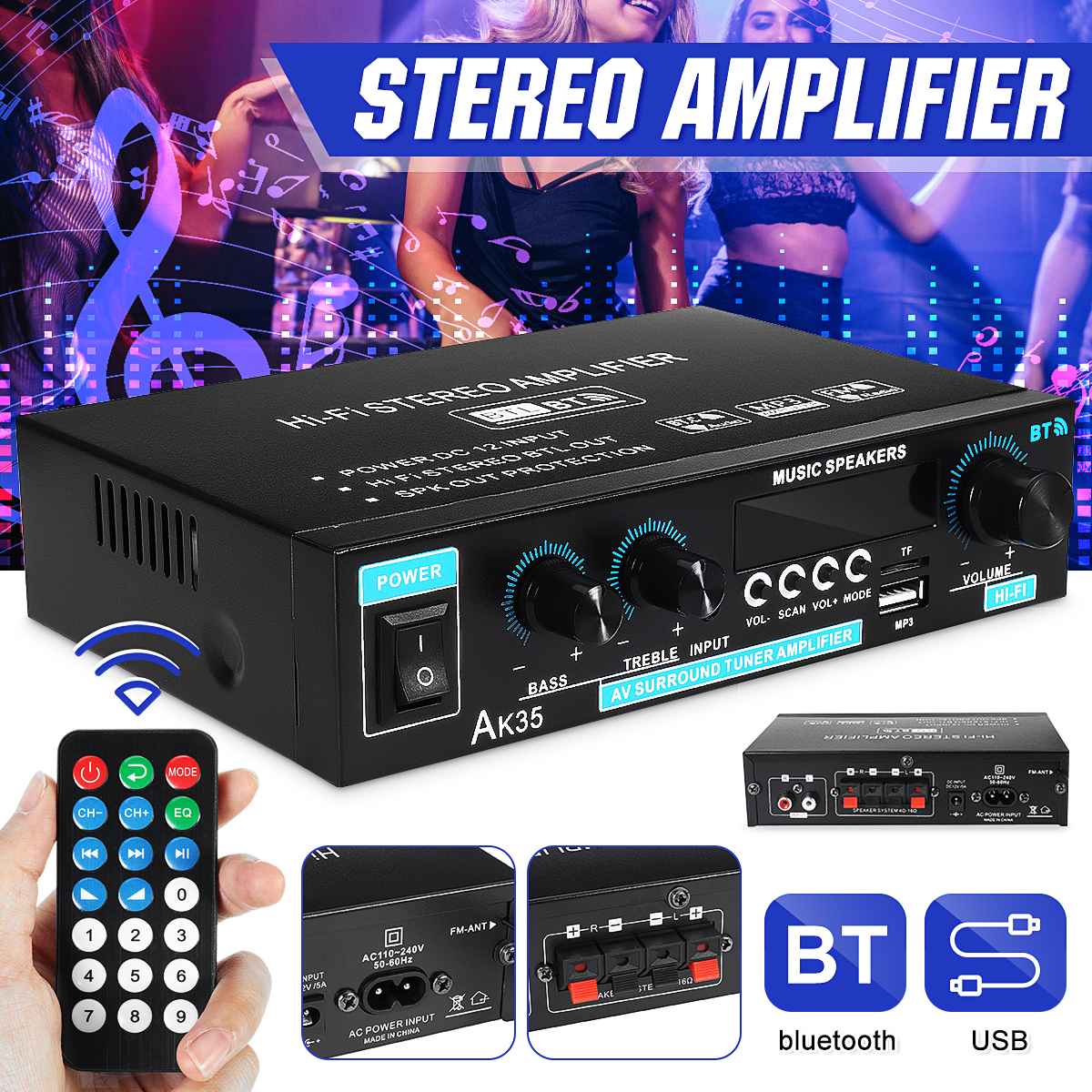 Amplificador AK35 para coche, 2 canales, bluetooth 5,0, sonido envolvente, FM, USB, Control remoto, Mini HIFI, Digital, estéreo, 400W * 2 ► Foto 1/6