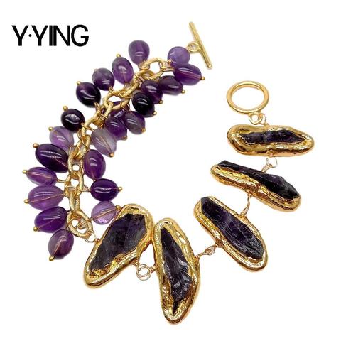 Y · YING-pulsera de hilo asimétrico con borde galvanizado, amatista púrpura Natural, color dorado, 8