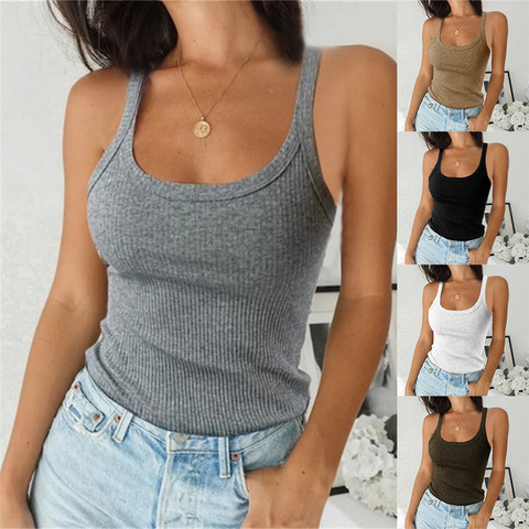 Top de punto sin mangas con cuello redondo para mujer, Camiseta básica Sexy blanca con hombros descubiertos, camiseta negra acanalada, camiseta sin mangas informal ► Foto 1/6