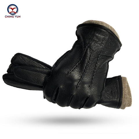 CHING YUN-guantes de piel de ciervo para hombre, calzado de invierno cálido y suave, con sutura externa, negro, forro de lana 70% ► Foto 1/6