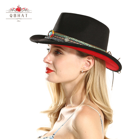 QBHAT Unisex hombres mujeres negro almazuela roja sombrero de fieltro vaquero Panamá de ala ancha Jazz Fedora sombreros con cinta de estilo nacional ► Foto 1/6