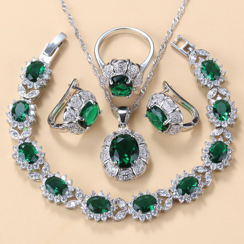 Collar de plata de ley 925 y pendientes conjuntos de joyas para mujer accesorios de moda Zircon verde encanto pulsera y anillo conjuntos ► Foto 1/6