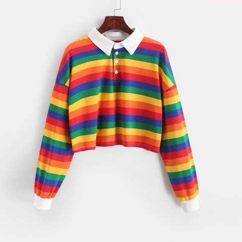 Moderna Sudadera con capucha de rayas de arco iris para mujer, sudaderas Harajuku de manga larga con capucha, Tops cortos de otoño para mujer, Tops básicos ► Foto 1/6