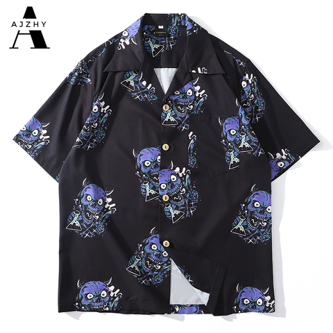 Camisa hawaiana con estampado de cabeza de diablo para hombre, ropa informal estilo Hip Hop Harajuku, playera negra fina, Tops de manga corta 2022 ► Foto 1/6