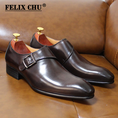 Felix Chu marca diseñador hombres zapatos de vestir de cuero genuino hebilla monje correa de los hombres de Brown oscuro Oficina partido zapatos formales # YC027-318 ► Foto 1/6