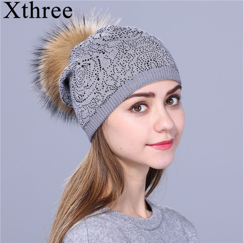 Xthree-sombreros de invierno de mujer y niña, gorrito de punto de lana cálida con diamantes de imitación, piel auténtica, Gorro femenino ► Foto 1/6