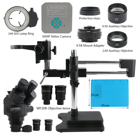 Microscopio Trinocular estéreo 3.5X 7X 45X 90X, soporte de doble brazo Focal, cámara de vídeo, HDMI, USB, 1080P, 36MP, para teléfono, SMD, PCB ► Foto 1/6