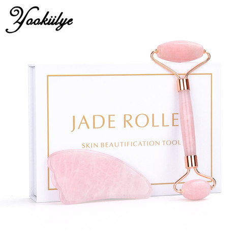 Rodillo de Jade de cuarzo rosa para masaje Facial, rodillo masajeador de piedra de Jade Natural para estiramiento Facial, cuidado de la piel Facial, caja de juego de belleza ► Foto 1/6