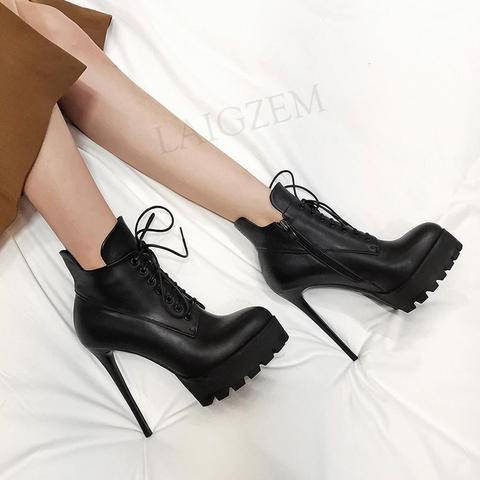 LAIGZEM-Botines de piel auténtica con tacón de aguja para mujer, botas con cremallera lateral, zapatos de mujer, talla grande 38 39 42 ► Foto 1/6