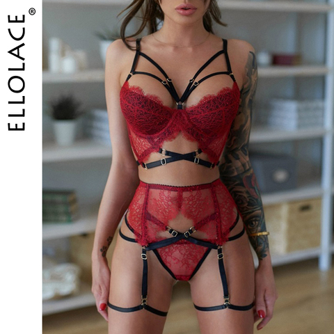 Ellolace-Conjunto de lencería gótica para mujer, ropa interior Sexy, sujetador, lencería gótica, 3 piezas ► Foto 1/6