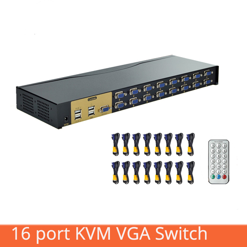 Conmutador KVM de 16 puertos con salida 16 en 1, VGA, USB, caja de Audio, proyector, pantalla de vídeo, Control remoto, afilador con Cable Original ► Foto 1/6