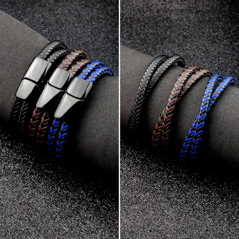 Pulsera de cuero trenzado con nombre personalizado para hombre y mujer, brazalete de acero inoxidable grabado, color negro, marrón, azul y café, estilo Punk ► Foto 1/6