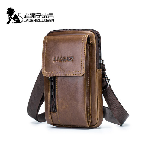 LAOSHIZI-riñonera de cuero genuino para hombre, Mini bolso con bolsillos para teléfono, monedero, bandolera de hombro ► Foto 1/6