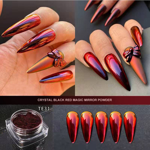 Pigmento de cromo de cristal negro y rojo, 0,2g, polvo de espejo, purpurina, efecto mágico para esmalte de uñas, decoración de manicura ► Foto 1/6