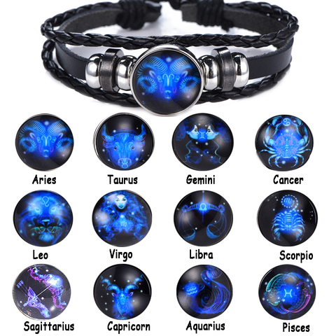 12 constelación Zodiaco pulsera de cuero de los hombres tejidas a mano colorido cielo estrellado constelación de vidrio luminosa pulsera, venta al por mayor ► Foto 1/6