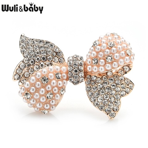 Wuli & baby-broches de Perla lazo con nudo con diamantes de imitación para mujer, Fiesta de Bodas de flores, broche de oficina, regalos ► Foto 1/4