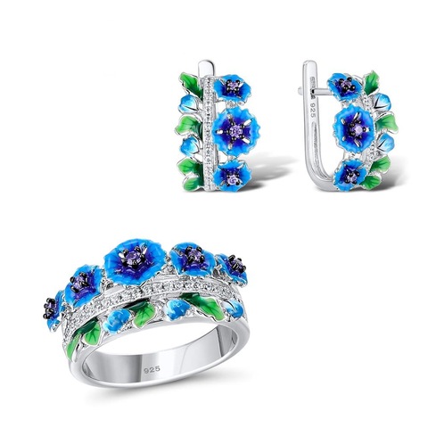 Elegante flor esmaltada para mujer, juegos de joyas para mujer, cristal brillante de circón, joyería para boda, pendientes de banquete, conjunto de anillo ► Foto 1/5