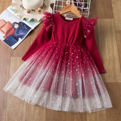 Vestido Rojo de manga larga para niñas, ropa de invierno cálida de cuello redondo, de tul, de tela, para 3, 4, 5, 6, 7, 8T ► Foto 1/6