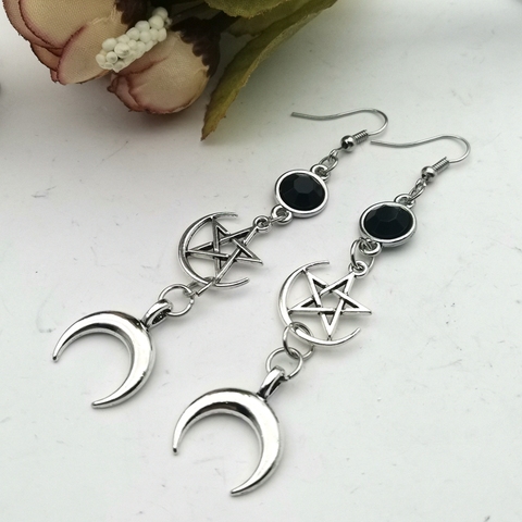 Pendientes de piedra de luna de diosa de la media luna y pentagrama, joyería gótica Celestial, joyería del sol, color negro ► Foto 1/4