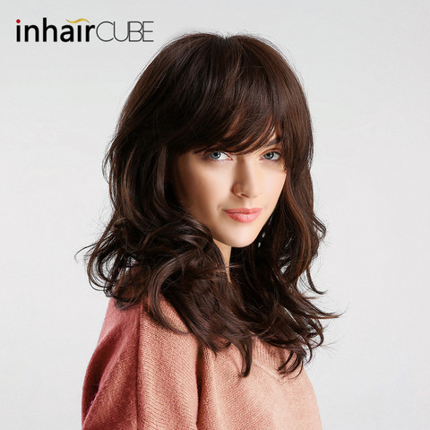 Inhair-peluca larga ondulada de cuerpo en forma de cubo, pelo sintético marrón oscuro con flequillo, estilo Natural ► Foto 1/6