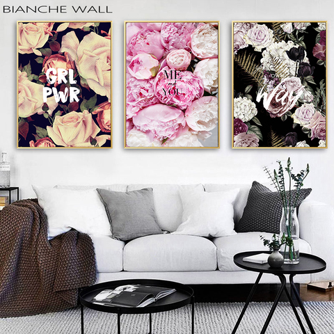 Pintura en lienzo de decoración nórdica, póster de flor de peonía rosa e impresión de amor, arte de pared Floral, imagen para dormitorio, decoración del hogar ► Foto 1/6