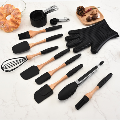 Utensilios de cocina de madera y silicona negra, espátulas, cepillo, raspador, guantes para servir pasta, batidor de huevos, utensilios de cocina negros ► Foto 1/6