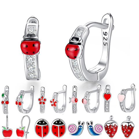 ELESHE 2022 joyería de moda pendientes de perno rojo esmaltado mariquita trébol corazón corona gato 925 pendientes de plata de ley para mujeres niños ► Foto 1/6