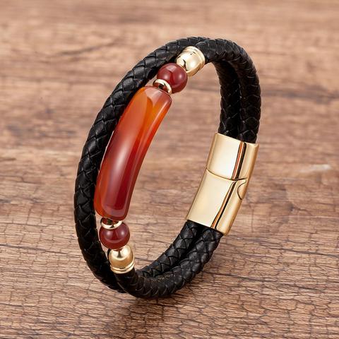 Pulsera de cuero genuino para hombre, cuerda multicapa, pulseras de piedra Natural, acero inoxidable, cierre magnético, joyería para hombre ► Foto 1/6