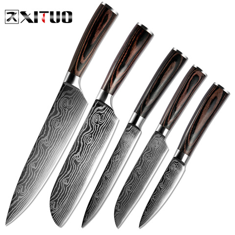 XITUO-cuchillos de cocina Pakka con patrón de acero damasco japonés, Santoku, herramienta de utilidad para cortar, 5 unidades ► Foto 1/6