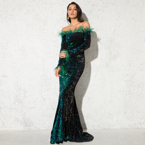 Vestido de fiesta de terciopelo con pluma de lentejuelas brillante, color burdeos, manga larga, ceñido, elástico, con cuello de barco, longitud hasta el suelo, color negro y verde ► Foto 1/6