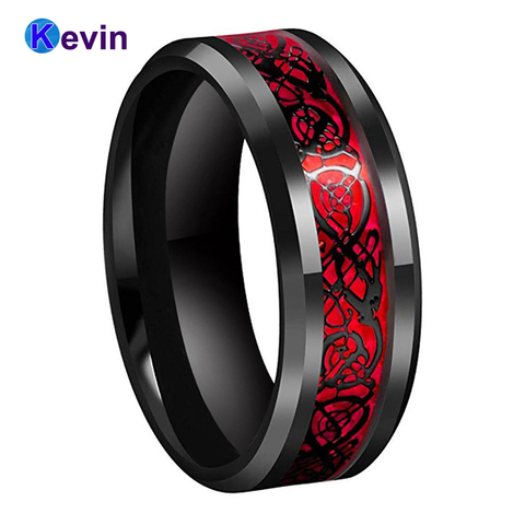 Anillo de boda para hombre negro anillo de dragón anillo de carburo de tungsteno con ópalo rojo y incrustaciones de dragón negro ► Foto 1/6