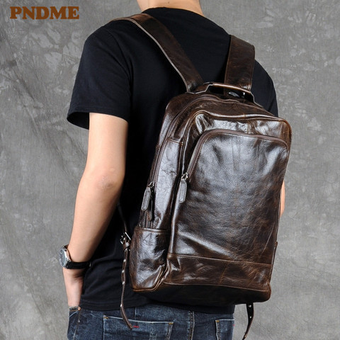 PNDME-mochila vintage de piel auténtica para hombre, bolsa de diseñador simple, informal, de viaje, mochilas para portátiles ► Foto 1/6