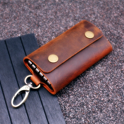 Llavero de cuero genuino hecho a mano para hombre, llavero tipo bolsa, monedero con cremallera, funda pequeña para llave de coche, bolsa de llaves ► Foto 1/6