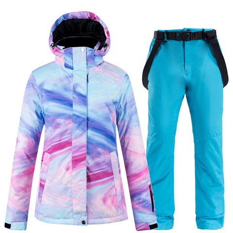 Traje de nieve colorido de moda para mujer, ropa de Snowboard para invierno, disfraces impermeables, chaqueta de esquí al aire libre + Pantalones de tirantes, Baberos ► Foto 1/6