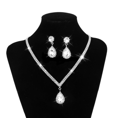 Colgante largo brillante de gotas de agua, collar y pendientes chapados en plata de cristal, conjunto de joyería de Boda nupcial elegante ► Foto 1/2