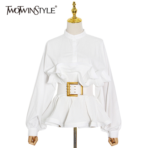 TWOTWINSTYLE-almazuela elegante fajas volantes para mujer, Blusa de manga larga con cuello levantado, Túnica coreana para mujer ► Foto 1/6