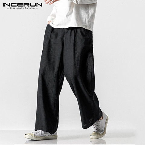 INCERUN-Pantalones largos de pierna ancha para hombre, pantalón informal, Vintage, algodón, cintura elástica, bolsillos, Retro, holgados, estilo urbano ► Foto 1/6