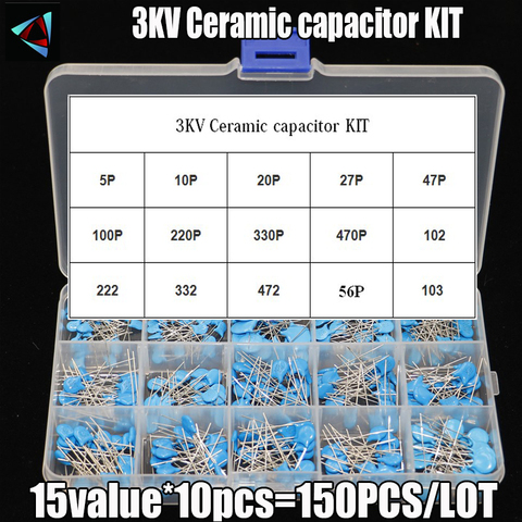 KIT de condensador cerámico de 3KV, 150 Uds. = 15 valores * 10 Uds., 3KV, 5P, 10P, 22P, 47P, 56P, 100P, 150P, 220P, 330P, 470, 102, 222, 332 ► Foto 1/1