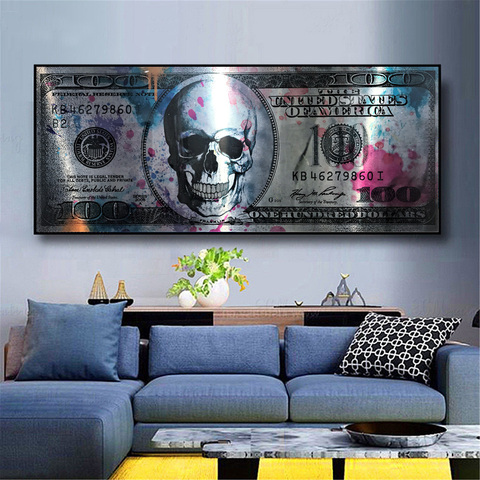 Póster en lienzo de Arte Moderno con diseño de calavera y dólares, imagen para decoración de pared con dinero creativo, 100 dólares, para sala de estar ► Foto 1/6