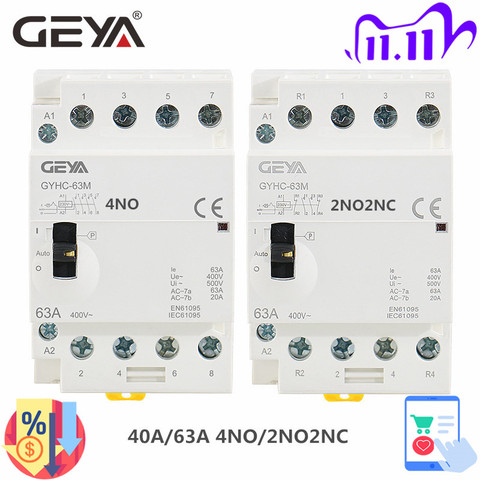 GEYA GYHC 4P 40A 63A 2NC2NO o 4NO 220V/230V 50/60HZ, Contactor Modular de raíl Din para el hogar, operación manual ► Foto 1/6