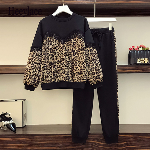 Chándal de talla grande 5XL para mujer, conjunto de 2 piezas de retales de leopardo, Sudadera de manga larga y pantalones de cintura elástica ► Foto 1/6