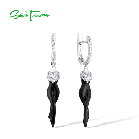 SANTUZZA 925 pendientes colgantes de plata fina para las mujeres brillante blanco Cubic Zirconia negra esmalte bailando señora delicado de moda de la joyería ► Foto 1/6